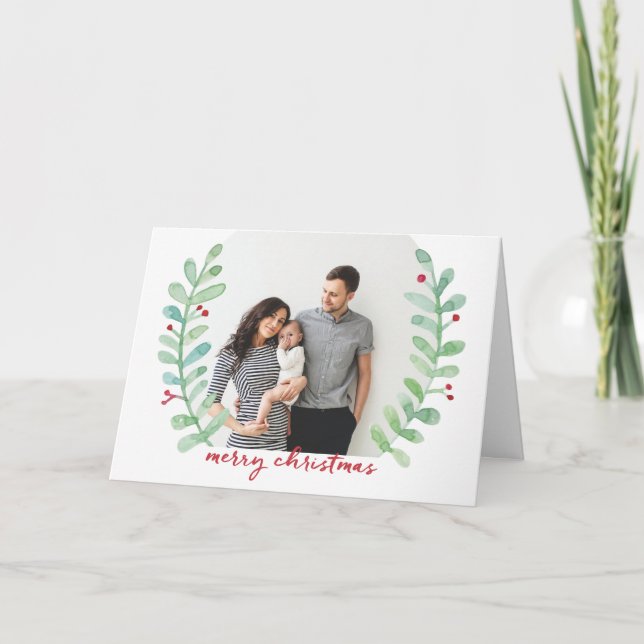 Watercolor Laurel Wreath Merry Christmas Photo Holiday Card (Front)