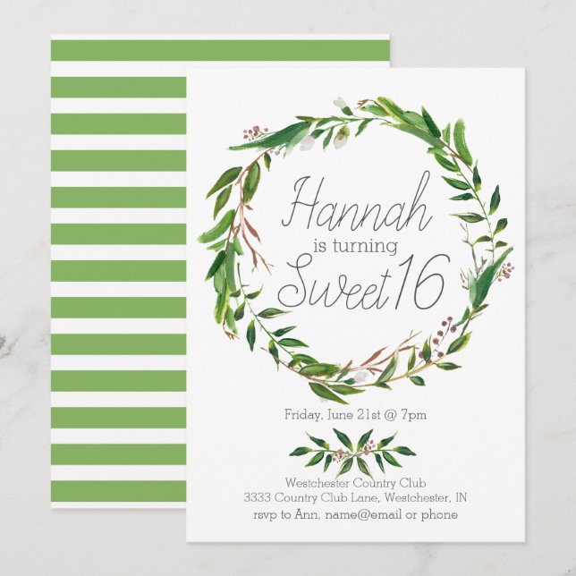 Watercolor Laurel Wreath Sweet Sixteen Invitation (Front/Back)