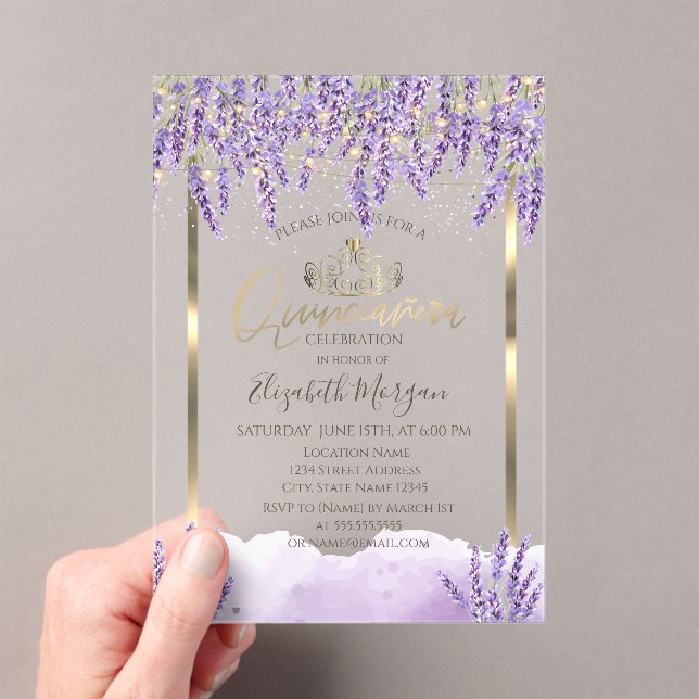 Watercolor Lavanda,String Lights Quinceanera Acrylic Invitations (Insitu (Handheld))