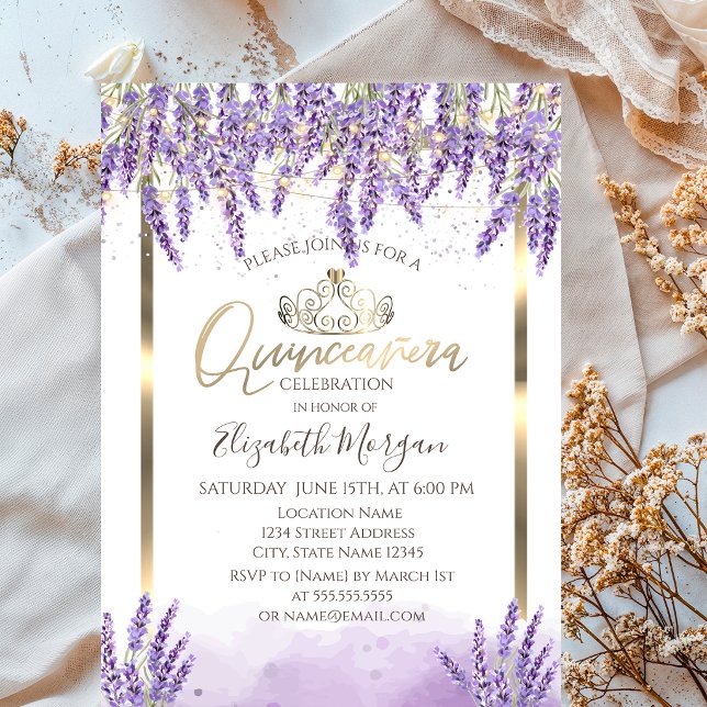 Watercolor Lavanda,String Lights Quinceanera Invitation (Creator Uploaded)