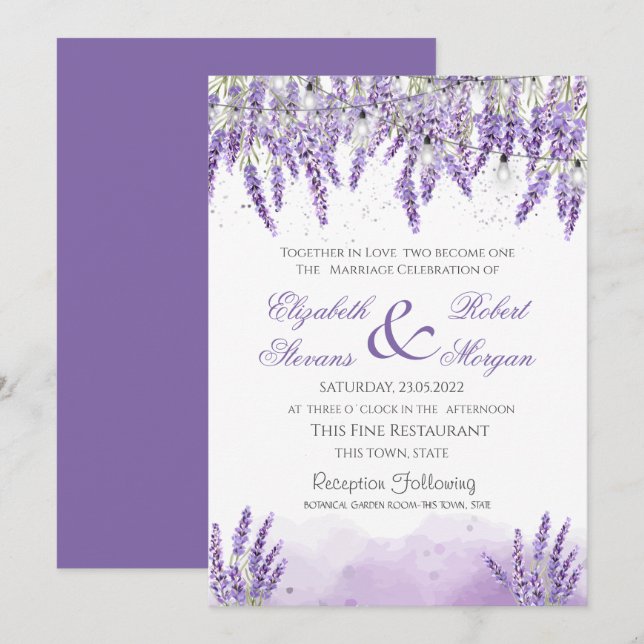 Watercolor Lavander Flowers String Lights Wedding Invitation (Front/Back)