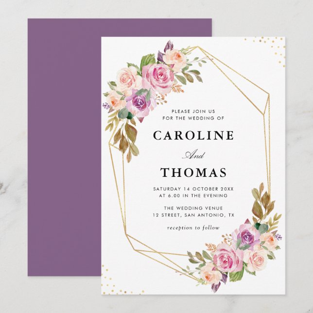 watercolor Lavender and blush geometric wedding Invitation (Front/Back)