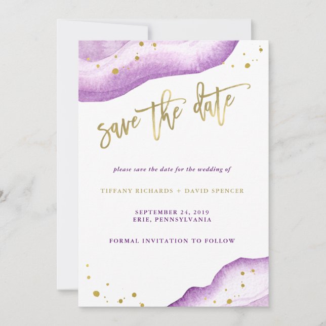 Watercolor Lavender and Gold Geode Save the Date (Front)