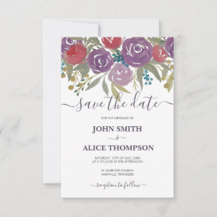 Watercolor Lavender and Red Floral Wedding Save The Date