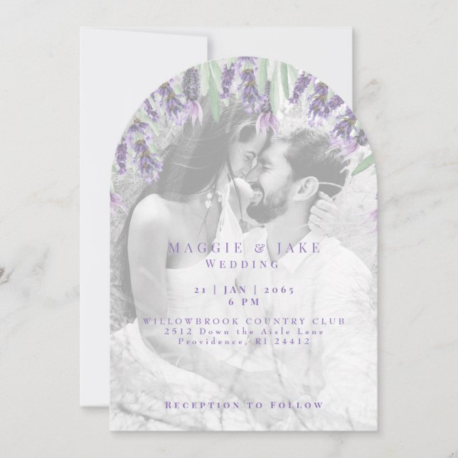 Watercolor Lavender B/W Photo Arched Wedding Invitation (Front)