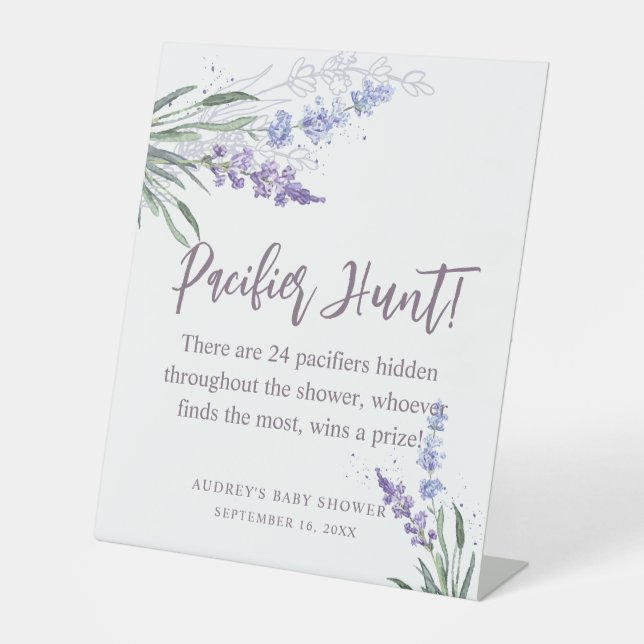Watercolor Lavender Baby Shower Pacifier Hunt Game Pedestal Sign (Front)
