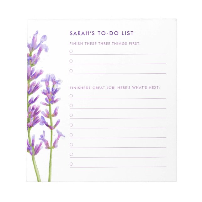 Watercolor Lavender Big Three To-Do Notepad (Front)