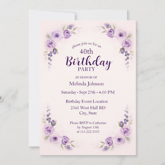 Watercolor Lavender Blush Rose 40th Birthday Invitation (Front)