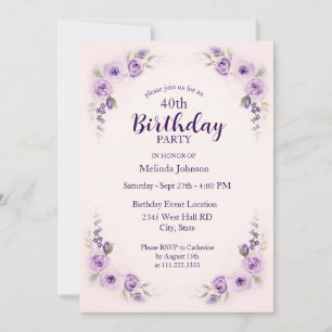 Watercolor Lavender Blush Rose 40th Birthday Invitation