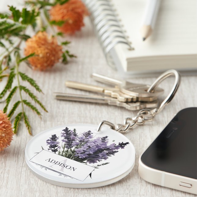 Watercolor Lavender Bouquet Personalised Key Ring (Front Right)