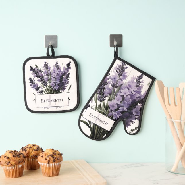 Watercolor Lavender Bouquet Personalised Oven Mitt & Pot Holder Set (Insitu(Hanging))