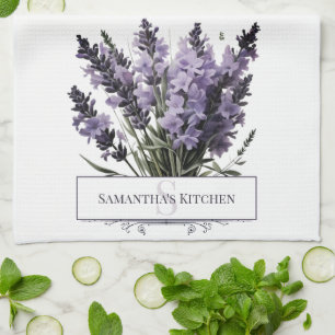 Watercolor Lavender Bouquet Personalised Tea Towel