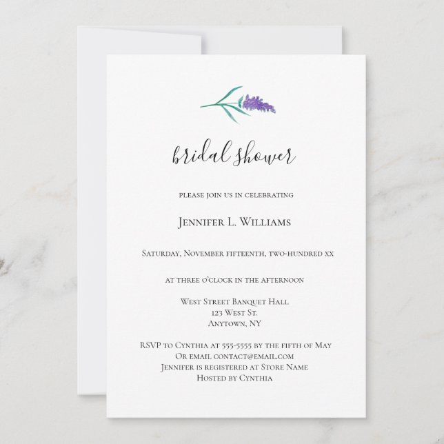 Watercolor Lavender Bridal Shower Invitations (Front)