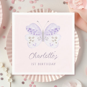 Watercolor Lavender Butterfly 1st Birthday Party Napkin