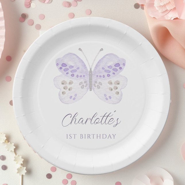 Watercolor Lavender Butterfly 1st Birthday Party Paper Plate (Creator Uploaded)