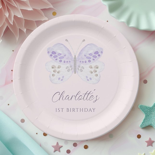 Watercolor Lavender Butterfly 1st Birthday Party Paper Plate (Creator Uploaded)