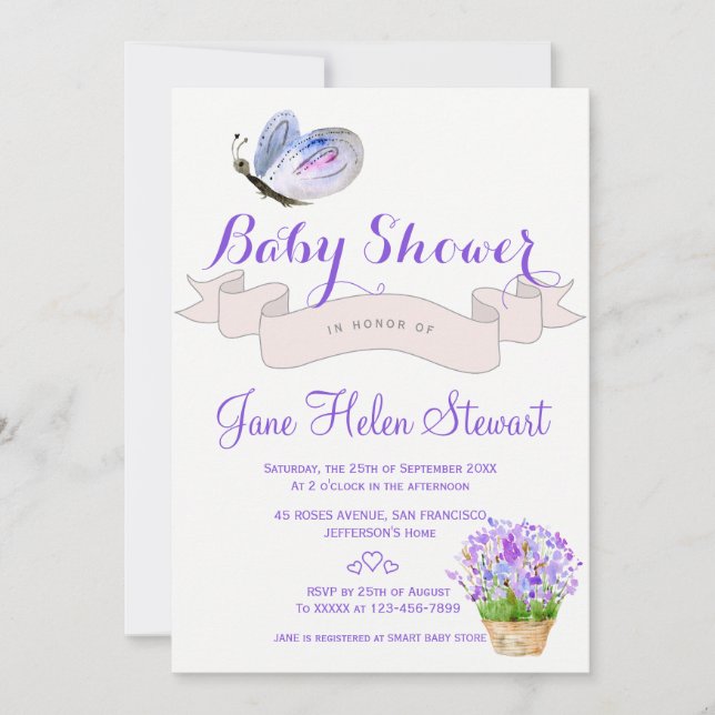 Watercolor lavender butterfly rustic baby shower invitation (Front)