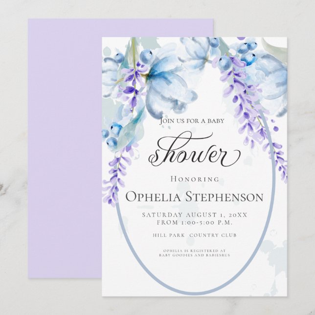 Watercolor Lavender -Dusty Blue Floral Baby Shower Invitation (Front/Back)
