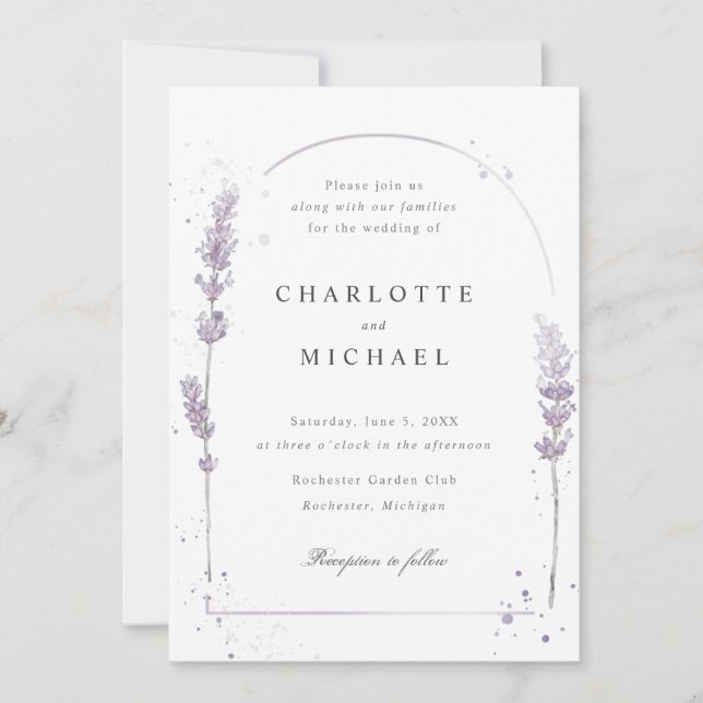 Watercolor lavender elegant arch wedding invitation (Front)