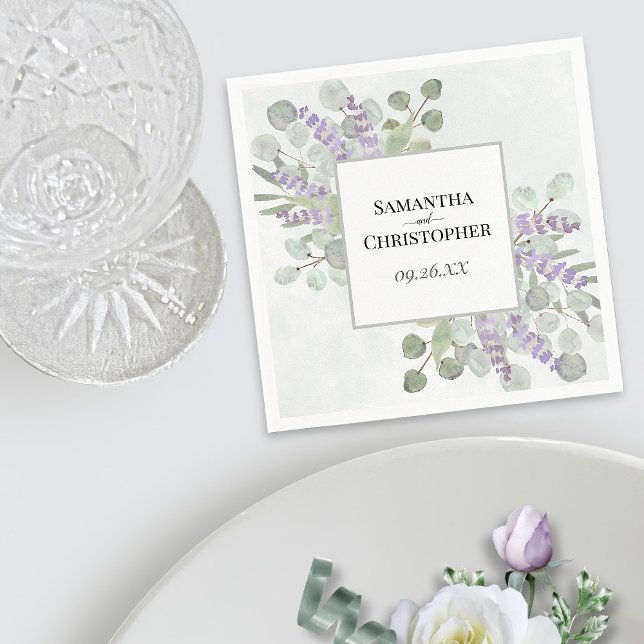 Watercolor Lavender & Eucalyptus Elegant Wedding Napkin (In Situ with Plate)