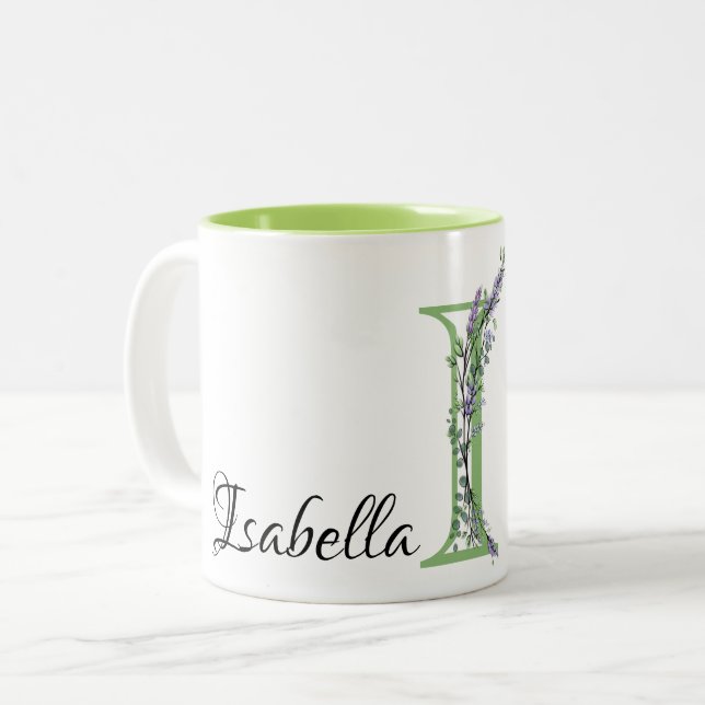 Watercolor Lavender Eucalyptus monogram letter I  Two-Tone Coffee Mug (Front Left)