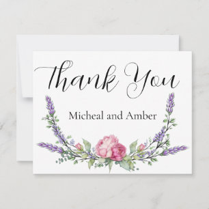 Watercolor Lavender Eucalyptus pink roses peonies  Thank You Card