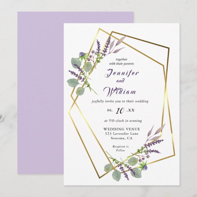 Watercolor Lavender, Eucalyptus wedding invitation (Front/Back)