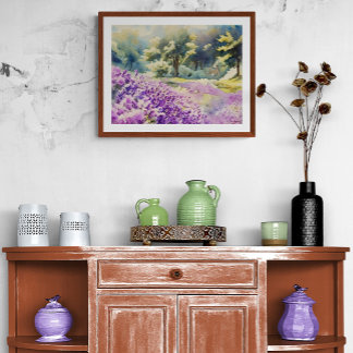 Watercolor Lavender Field Painting Photo Print