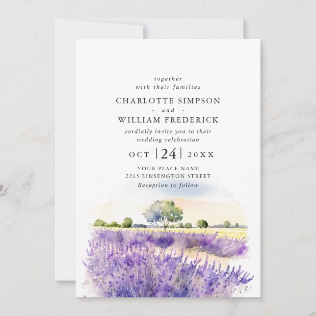 Watercolor Lavender Field Wedding All In One Invitation (Front)