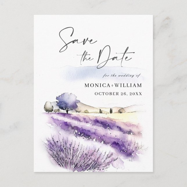 Watercolor Lavender Field Wedding Save the Date Postcard (Front)