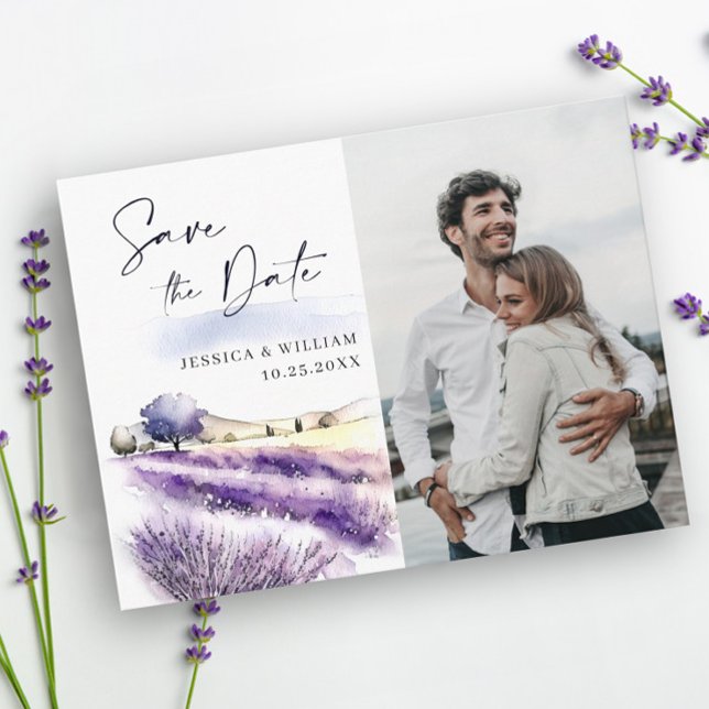 Watercolor Lavender Field Wedding Save the Date Postcard (Creator Uploaded)