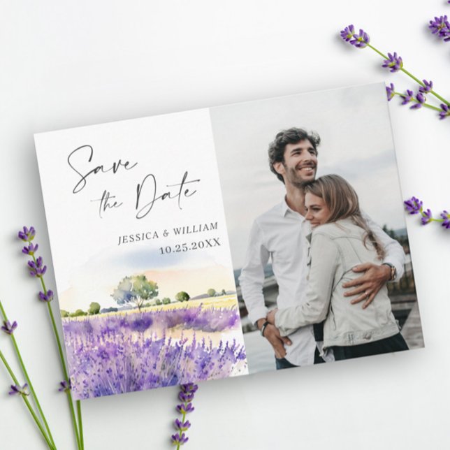 Watercolor Lavender Field Wedding Save the Date Postcard (Creator Uploaded)