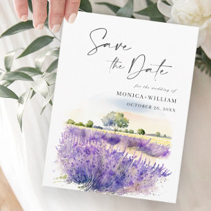Watercolor Lavender Field Wedding Save the Date Postcard