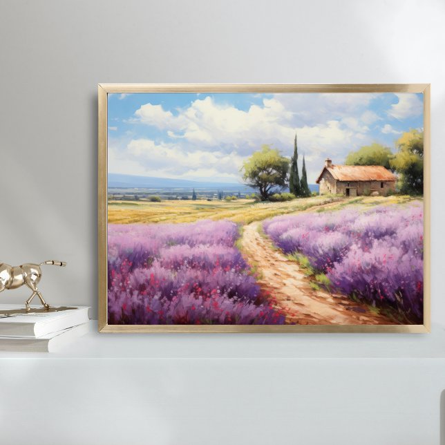Watercolor Lavender Fields Farmhouse Country Art Poster (Lavender Fields Watercolor Wall Art Poster Print. Country French Rustic Farmhouse)