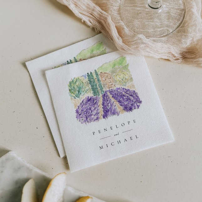 Watercolor Lavender Fields Wedding Napkins (Lavender fields wedding paper napkins.)