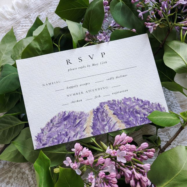 Watercolor Lavender Fields Wedding RSVP Card (Watercolor lavender fields wedding RSVP response cards.)