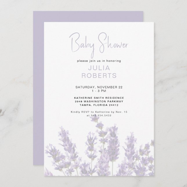 Watercolor Lavender Floral Baby Shower II Invitation (Front/Back)