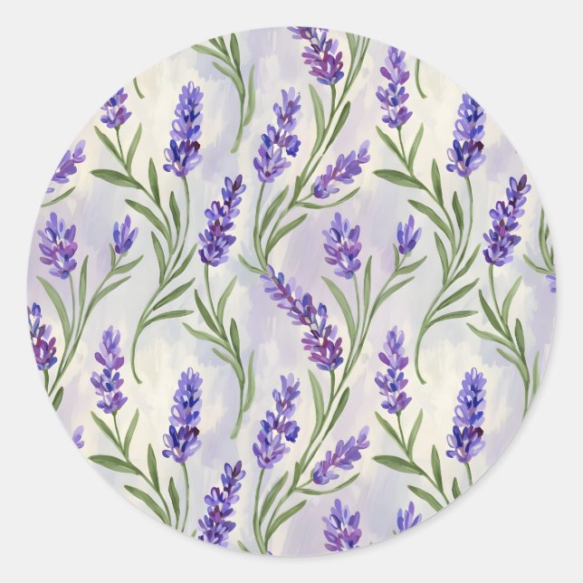  Watercolor Lavender Floral Seamless Pattern Classic Round Sticker (Front)
