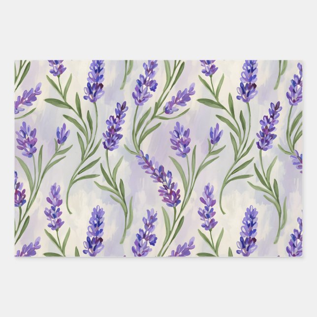  Watercolor Lavender Floral Seamless Pattern Wrapping Paper Sheet (Front)