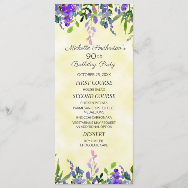 Watercolor Lavender Floral Yellow Birthday Menu (Front)