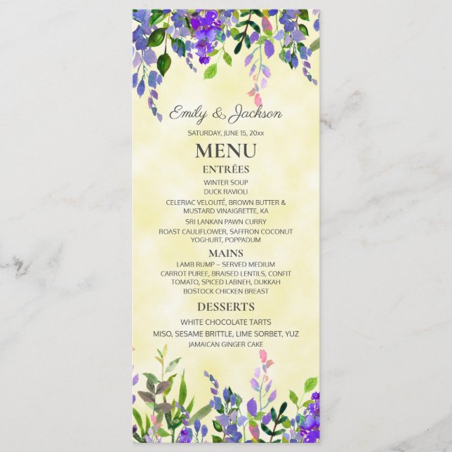 Watercolor Lavender Floral Yellow Wedding  Menu (Front)