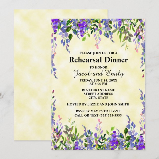 Watercolor Lavender Floral YellowWedding Rehearsal Invitation (Front/Back)