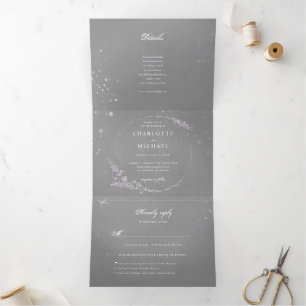 Watercolor Lavender flower grey all in one wedding Tri-Fold Invitation