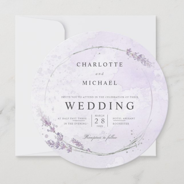 Watercolor lavender flower wreath round wedding invitation (Front)