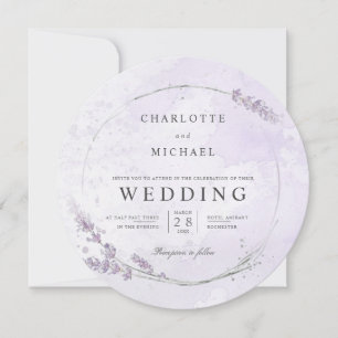 Watercolor lavender flower wreath round wedding invitation