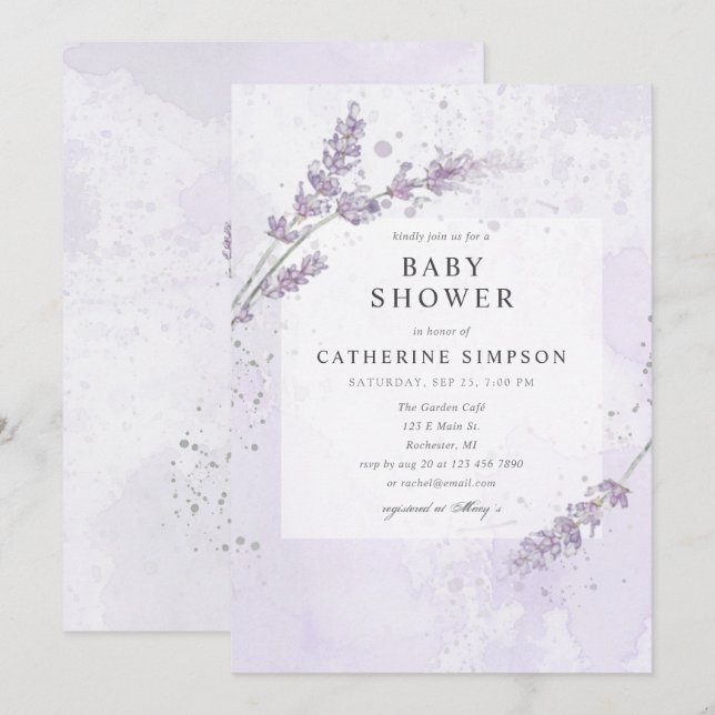 Watercolor lavender flowers baby shower invitation (Front/Back)