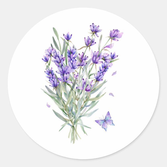 Watercolor Lavender Flowers  Classic Round Sticker (Front)