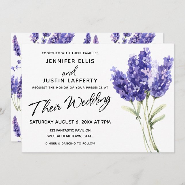 Watercolor Lavender Flowers, Elegant Wedding Invitation (Front/Back)