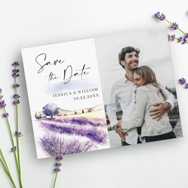 Watercolor Lavender Flowers Field Wedding Photo Save The Date (Creator Uploaded)
