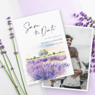Watercolor Lavender Flowers Field Wedding Photo Save The Date